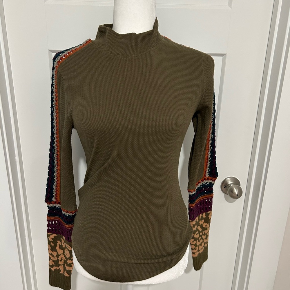 Free People Olive Green Sweater with Multicolor Patterned Sleeves